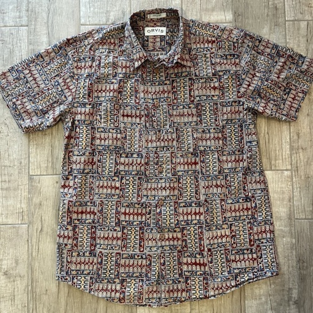 Orvis Mens Button Shirt Batik Tribal Cotton Pockets‎  Hippie Gorpcore Vintage L
